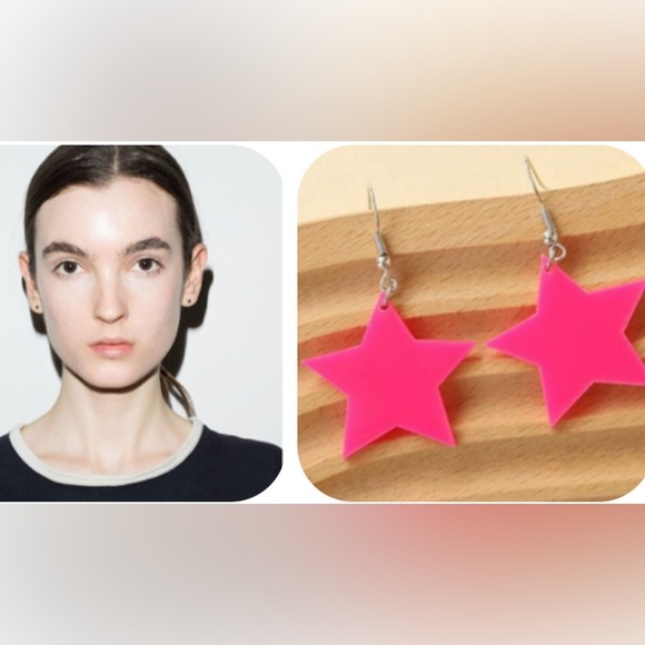Pink Acrylic Star Silver Hook Earrings - Picture 14 of 14